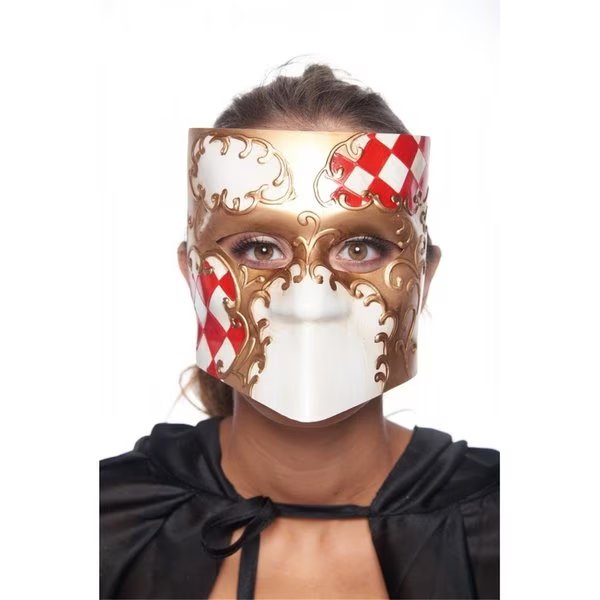 Red  Gold Full Face Bauta Style Plastic Mask, Kayso, Mfr#: PM034RD